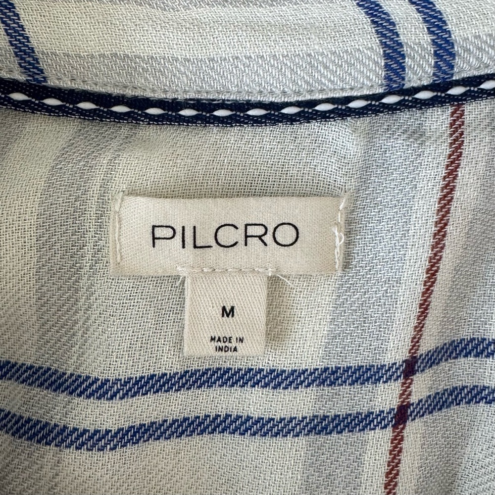 Anthropologie Pilcro Cream Blue Plaid Ruffle Front Button Down Shirt Size M - Picture 9 of 10